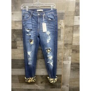 Kancan  Skinny Jeans With Leopard Cuffed Hem & Patches Size 9 (28) New With Tags